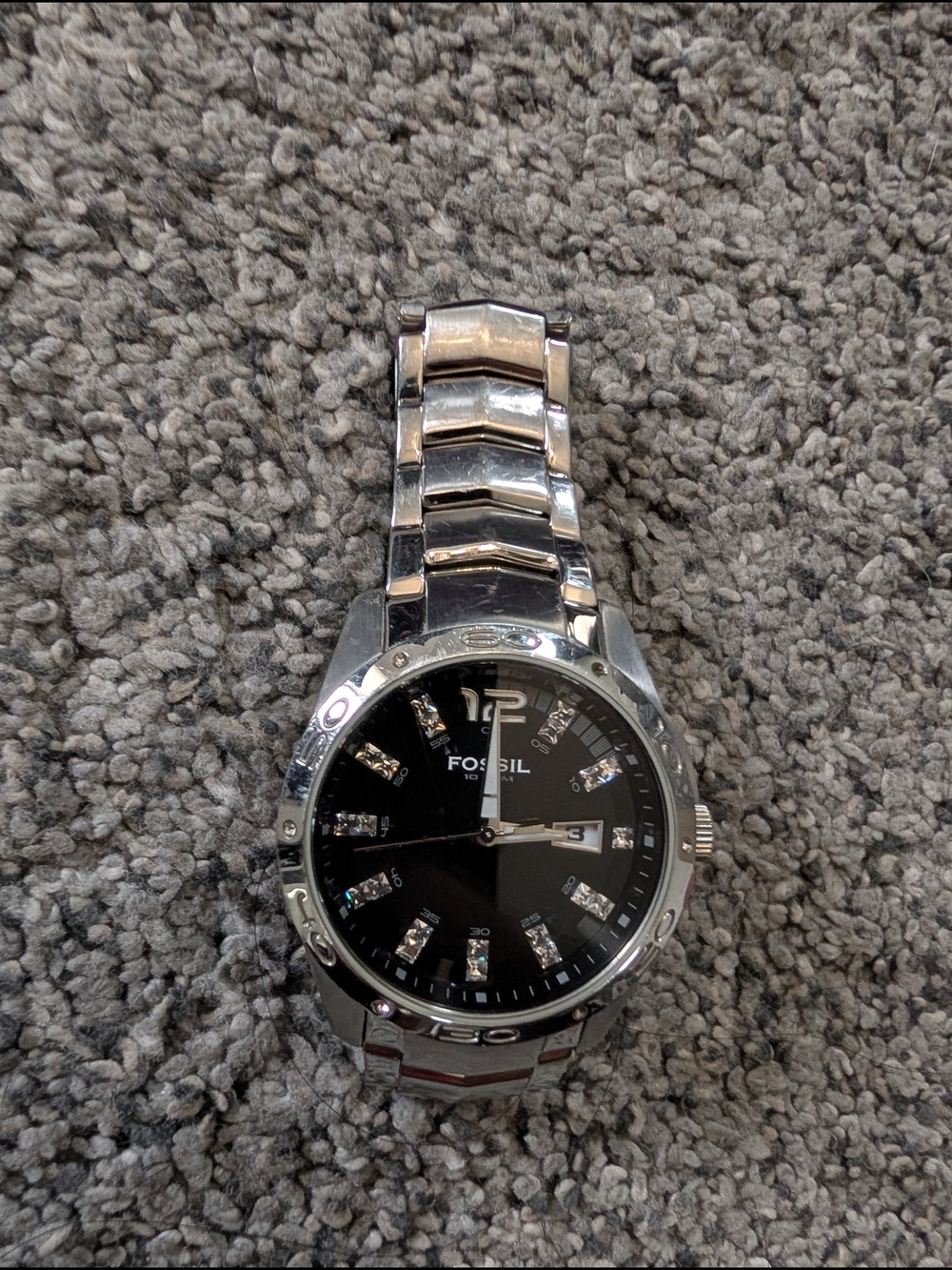 Used Condition Fossil Silver and Black Stainless Steel Diamond Accent Watch